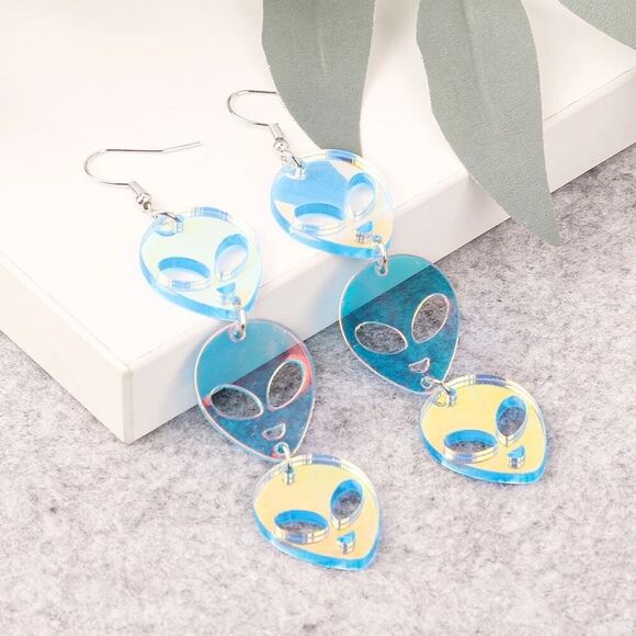 Iridescent Alien Dangle Drop Acrylic Earrings - Picture 6 of 7